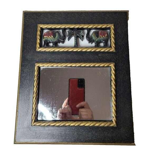 Vintage African Folk Art Hand Carved Elephants Wood Frame Wall Mirror Black Gold